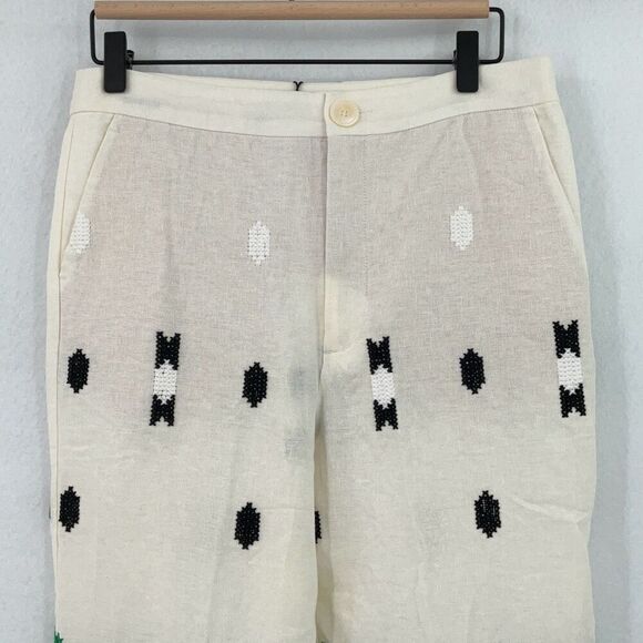 NWT Zara White Green Geometric Flat Front Embroidered Lined Trouser Pants Medium - Picture 6 of 11